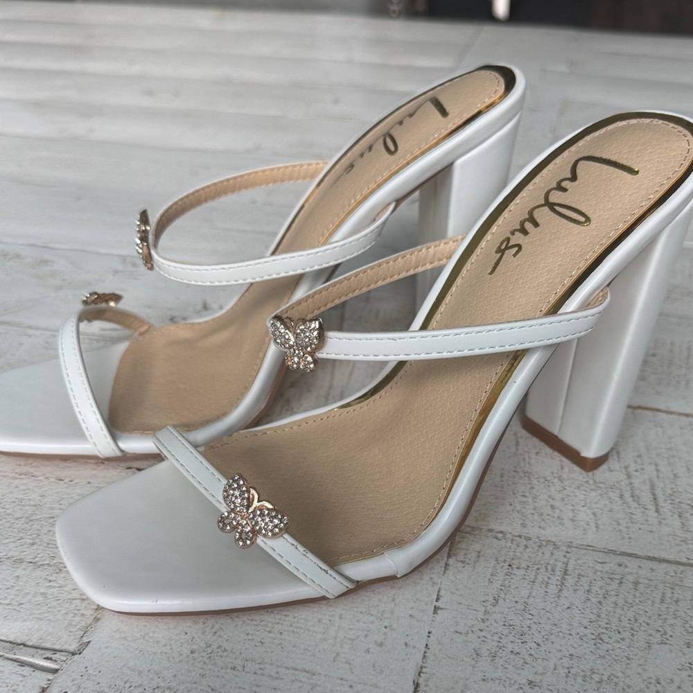 Lulu's White Heels with Butterfly Embellishments